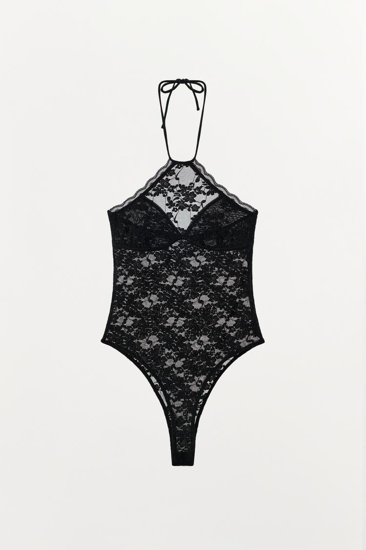 Боди с кружевной отделкой из полупрозрачной ткани